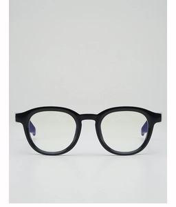 Front view of black Boston frame glasses with blue anti-slip texture on temple tips