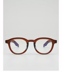 Detailed front view of round amber tortoiseshell glasses frames with clear lenses