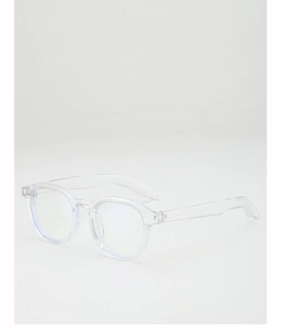 Macro view of transparent round frames with integrated nose pads and lightweight temples