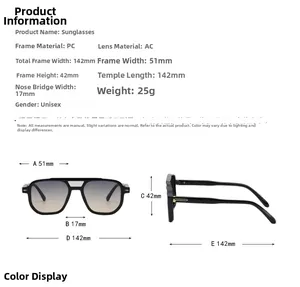 Detailed sizing guide showing frame dimensions for minimalist double bridge sunglasses