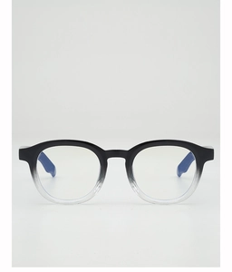 Detail of round gradient sunglasses frame featuring black to clear transition and blue accents