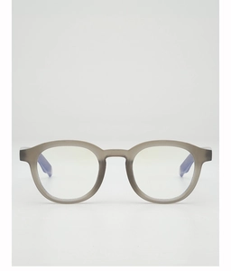 Detail of round grey translucent eyeglass frames with matte finish and blue temple tips