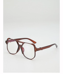 Detail view of transparent brown aviator frame with blue light blocking lenses