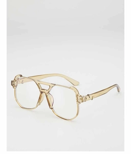 Detailed close-up of champagne amber transparent aviator frame with silver metal hinges