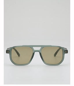 Close-up of matte forest green double-bridge sunglasses with gold arrow metal hinge detail