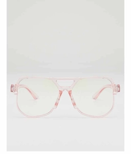 Detail view of pink transparent oversized aviator sunglasses with a sleek double bridge