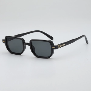 Retro square black sunglasses with gold arrow metal accents and dark grey lenses