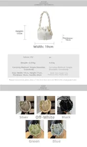 Detailed size chart and multi-color options for the stylish PU drawstring bucket bag