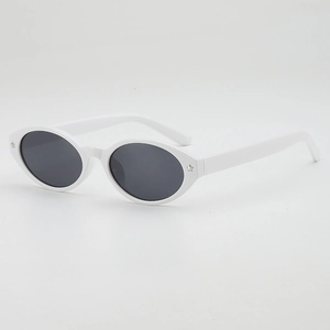 Retro white oval sunglasses with silver star studs and dark lenses for fashion outfits