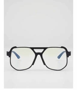 Close-up of oversized black pilot glasses with double bridge and decorative frame details