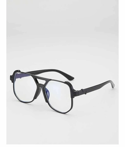 Detail view of oversized retro geometric sunglasses with stylish double bridge and black frame