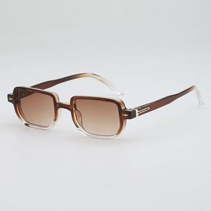Retro square sunglasses with gradient brown frames and gold arrow accents on white background