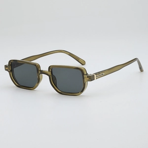 Modern square olive green sunglasses with grey UV lenses and metal hinge detail