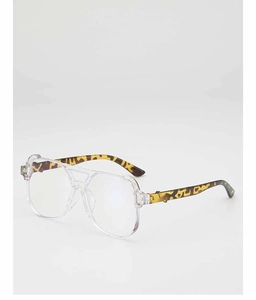 Detail view of large transparent frame sunglasses with stylish tortoiseshell patterned temples