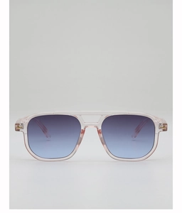 Detailed view of pink transparent double bridge sunglasses with blue gradient lenses