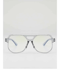 Close-up of transparent pilot sunglasses frame featuring a modern double bridge design