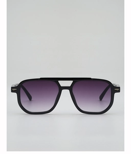 Detailed view of double bridge sunglasses with purple gradient lenses and gold bird hinge