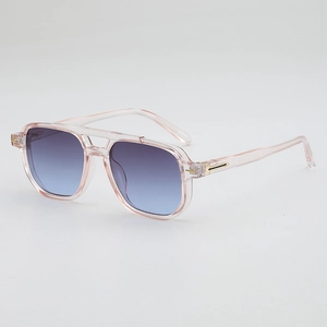 Chic double-bridge sunglasses with clear pink frames and gradient purple lenses