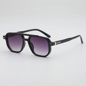 Fashionable oversized double-bridge sunglasses with black frames and purple gradient lenses