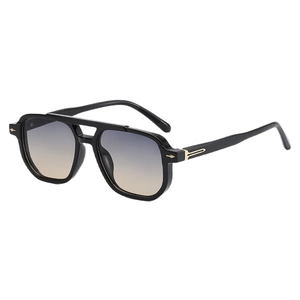 Retro pilot sunglasses with black frame and blue-yellow gradient lenses in 45-degree view
