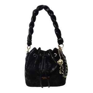 Fashionable black drawstring bucket bag with woven handle and embossed leather texture