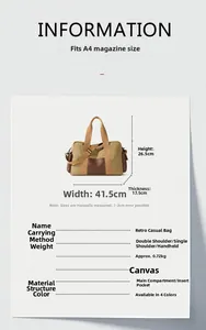 Tableau des tailles pour sac de voyage vintage en toile avec dimensions 26.5x41.5x17.5cm