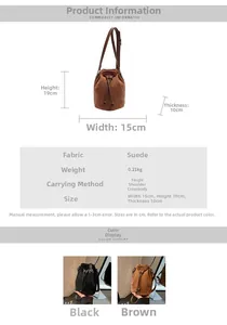 Detailed dimensions of the suede bucket bag with adjustable straps in black and brown