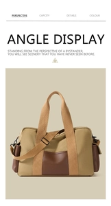 Vue détaillée du sac en toile kaki avec poches latérales en cuir brun et sangle