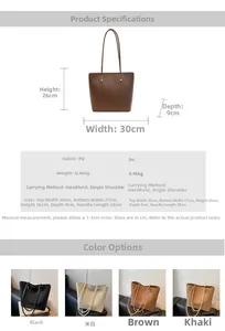 Detailed size chart and specifications for the large capacity PU shoulder bucket bag