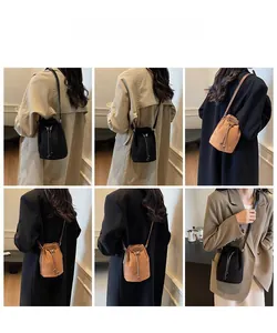 Multiple views of a winter PU bucket bag with drawstring closure on a female model