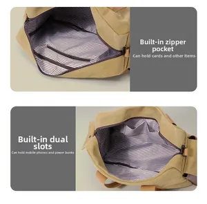 Détail de l'intérieur du sac en toile avec doublure rayée et poches de rangement