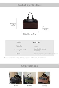 Size guide for high-capacity canvas tote bag showing dimensions 43x30x18cm and three colors