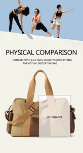 Détail montrant la capacité du sac de sport en toile kaki face à un magazine A4 et mobile
