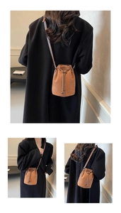 Caramel suede bucket bag with drawstring detail shown on model in various angles