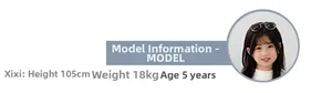 Size chart showing model parameters: 105cm height and 18kg weight for the denim bag