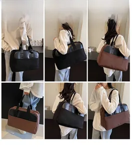 Collage of large capacity canvas and leather tote bags in black and brown colors