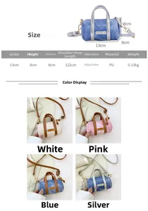 Size chart showing mini PU leather cylinder bag dimensions and four color variants