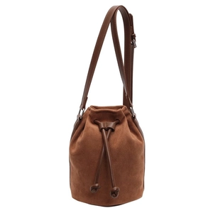 Brown faux suede bucket bag with drawstring closure and adjustable crossbody shoulder strap