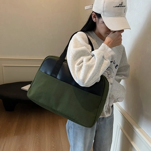 Minimalist olive green canvas and black leather patchwork large capacity shoulder bag