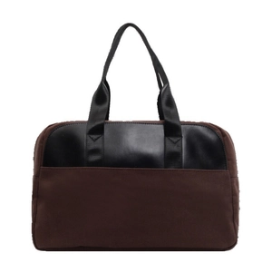 Large capacity dark brown tote travel bag with black leather trim and nylon handles