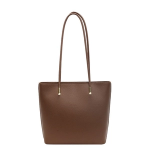 Brown litchi grain faux leather tote bag with gold metal hardware for daily commute