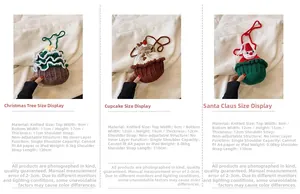 Size chart showing dimensions for plush knitted Christmas tree, deer, and Santa bags