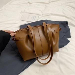 Brown pleated PU leather tote bag with vertical stitching and double shoulder straps