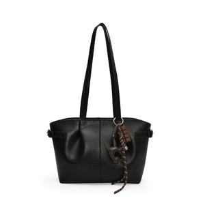 Black ruched PU leather tote bag with cute cat and chocolate bar charms, shoulder style
