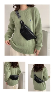 Three ways to wear a black PU leather chest bag with a geometric pattern strap
