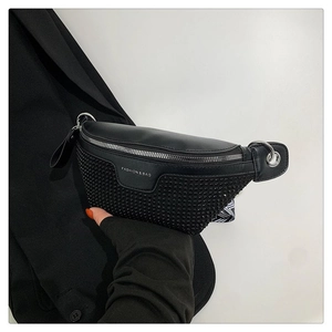 Close-up of black PU leather waist bag with rhinestone details and fashion text