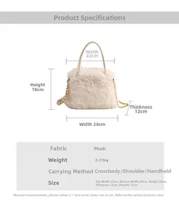 Tableau des tailles pour sac en peluche montrant les dimensions 28x18x12cm et perles