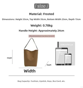 Size guide for brown matte tote bag showing dimensions and capacity versus A4 and iPad