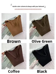 Four colors of suede-style large capacity shoulder bags in brown, green, coffee, and black