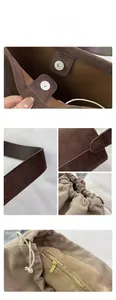 Detail of brown suede bucket bag featuring magnetic closure and canvas drawstring inner pouch